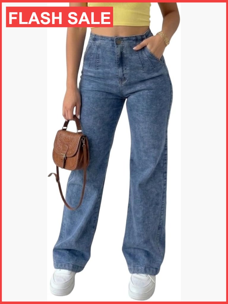 High Waisted Wide Leg Jeans With Stretch, Light Wash